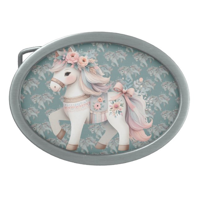 Floral Pastel Horse Fantasy Illustration Belt Buckle (Front)