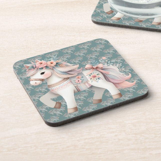 Floral Pastel Horse Fantasy Illustration Beverage Coaster (Left Side)