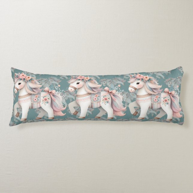 Floral Pastel Horse Fantasy Illustration Body Pillow (Front)