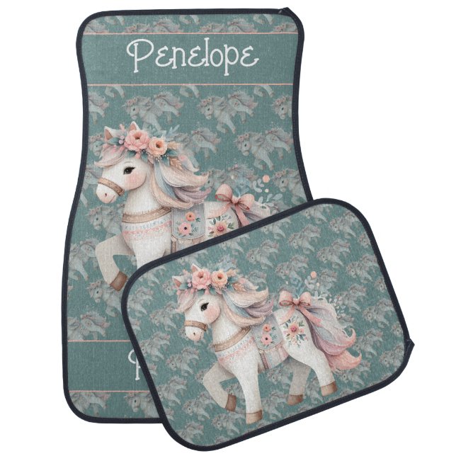 Floral Pastel Horse Fantasy Illustration Car Floor Mat (Set)