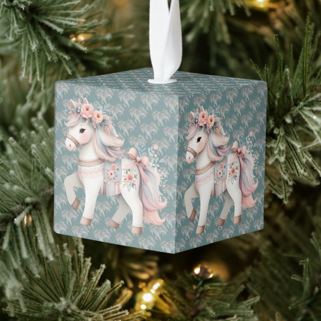 Floral Pastel Horse Fantasy Illustration Cube Pouf Ornament (Tree)
