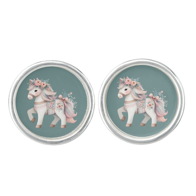 Floral Pastel Horse Fantasy Illustration Cufflinks (Front)