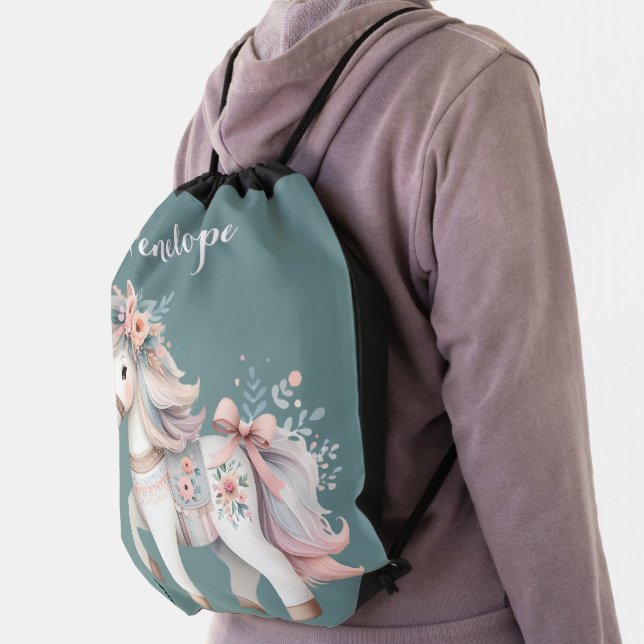 Floral Pastel Horse Fantasy Illustration Drawstring Bag (Insitu)