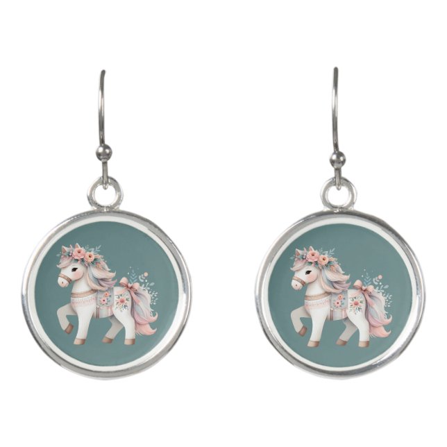 Floral Pastel Horse Fantasy Illustration Earrings (Front)