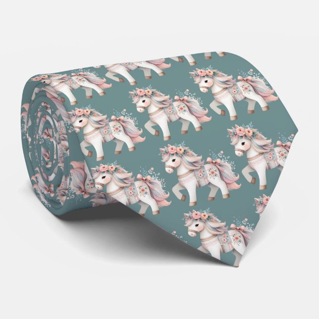 Floral Pastel Horse Fantasy Illustration Neck Tie (Rolled)