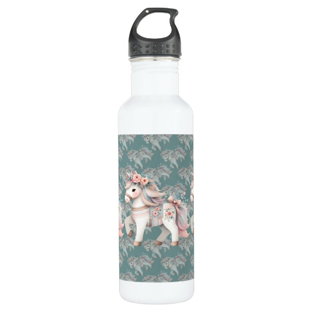Floral Pastel Horse Fantasy Illustration Planner Stainless Steel Water Bottle (Front)