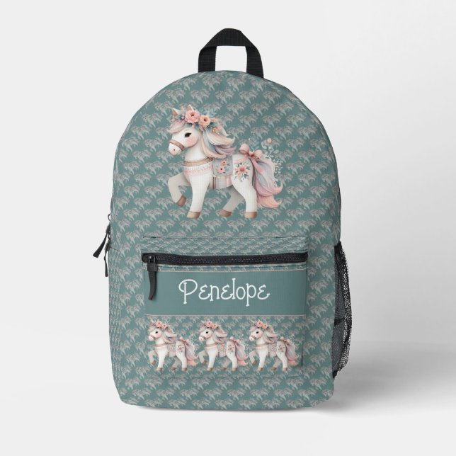 Floral Pastel Horse Fantasy Illustration Printed Backpack (Front)