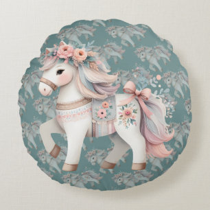 Floral Pastel Horse Fantasy Illustration Round Pillow
