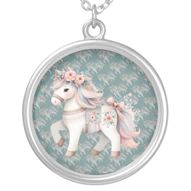 Floral Pastel Horse Fantasy Illustration Silver Plated Necklace (Front)