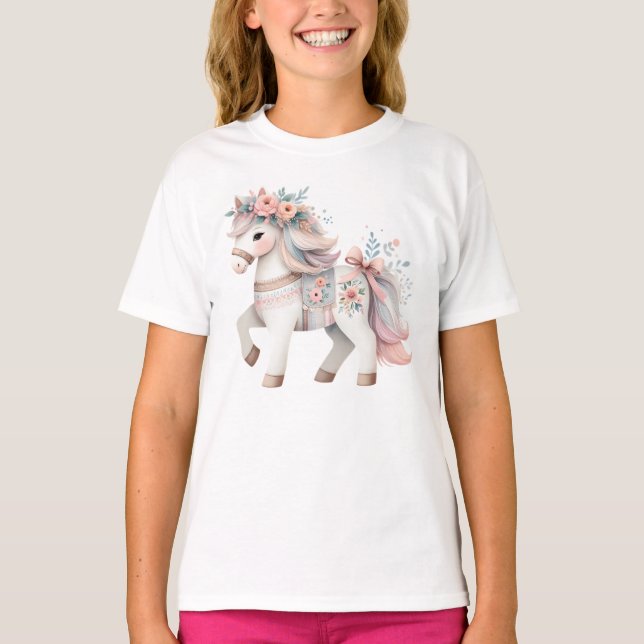Floral Pastel Horse Fantasy Illustration T-Shirt (Front)