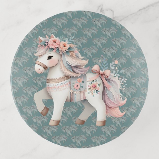 Floral Pastel Horse Fantasy Illustration Trinket Tray (Front)
