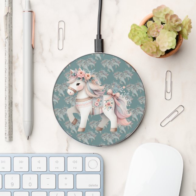 Floral Pastel Horse Fantasy Illustration Wireless Charger (Desk)