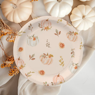 Floral pastel orange fall little pumpkin birthday paper plates
