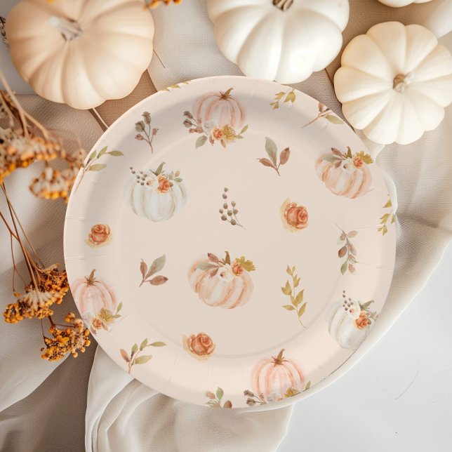 Floral pastel orange fall little pumpkin birthday paper plates (Creator Uploaded)