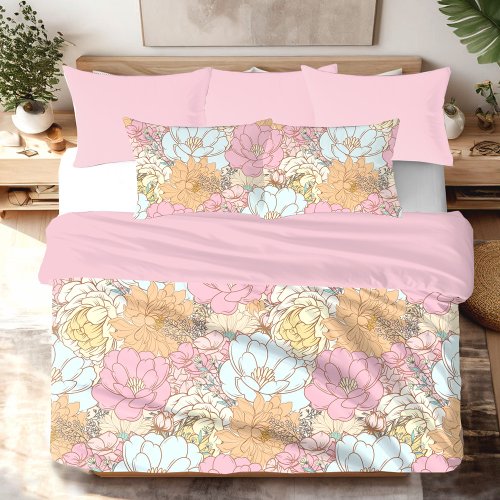 Floral Pastel Pink Blue Orange Elegant  Duvet Cover