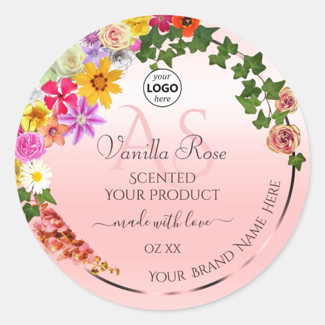 Floral Pastel Pink Product Labels Initials Logo (Front)