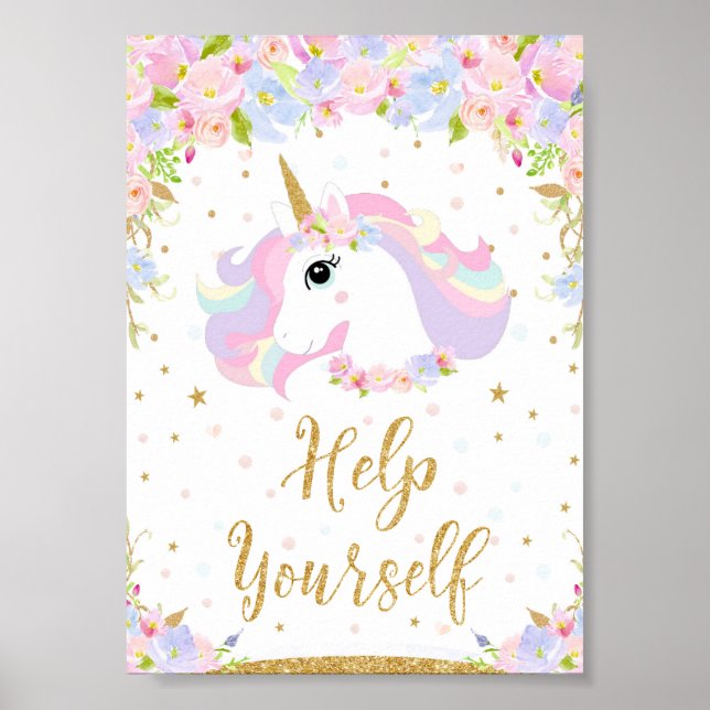 Floral Pastel Unicorn Help Yourself Sign Decor (Front)