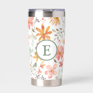 Floral Pastel Water Bottle with Custom Initial Insulated Tumbler