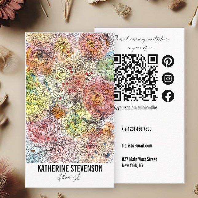 Floral Pastel Watercolor and Ink Art Florist Business Card (Creator Uploaded)
