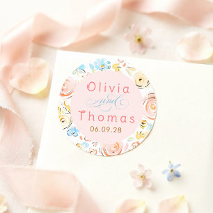 Floral Pastel Whimsical Elegant Wedding Classic Round Sticker