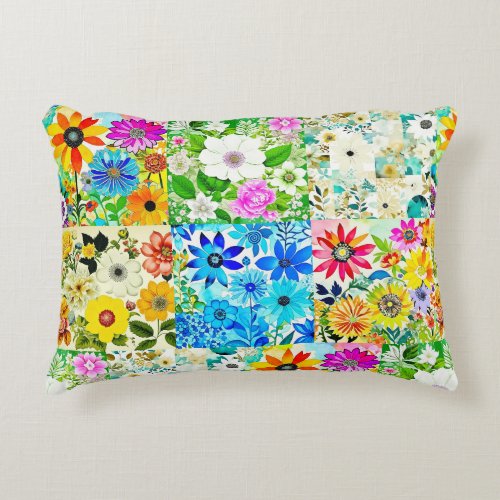 Floral Patchwork Art Watercolor Flowers Accent Pillow