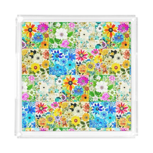 Floral Patchwork Art Watercolor Flowers Acrylic Tray