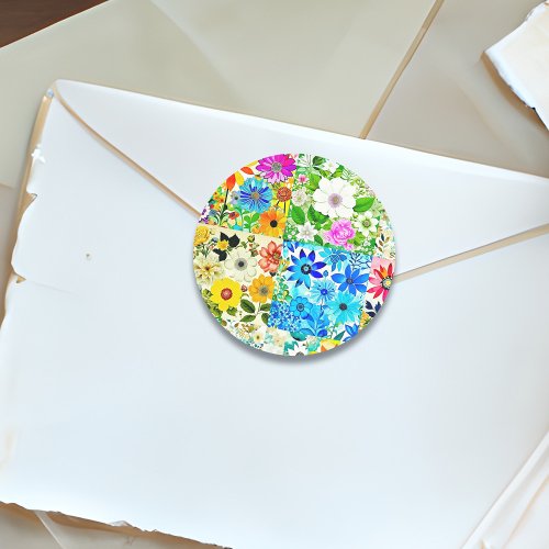 Floral Patchwork Art Watercolor Flowers Classic Round Sticker