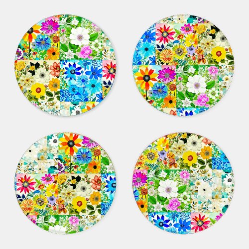 Floral Patchwork Art Watercolor Flowers Coaster Set