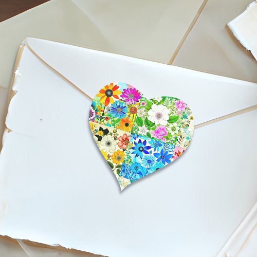 Floral Patchwork Art Watercolor Flowers Heart Sticker