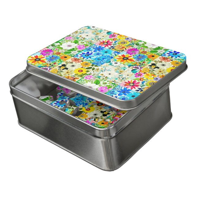 Floral Patchwork Art Watercolor Flowers Jigsaw Puzzle (Lid Open)