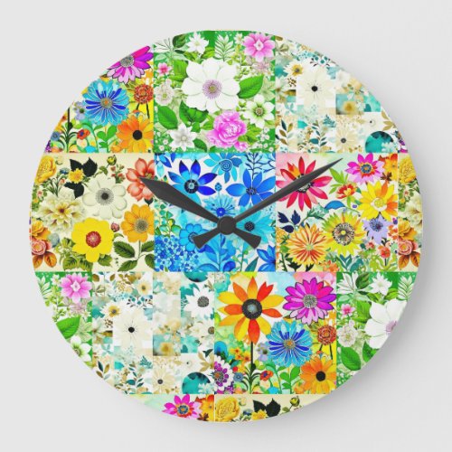 Floral Patchwork Art Watercolor Flowers Large Clock