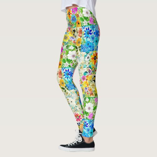 Floral Patchwork Art Watercolor Flowers Leggings