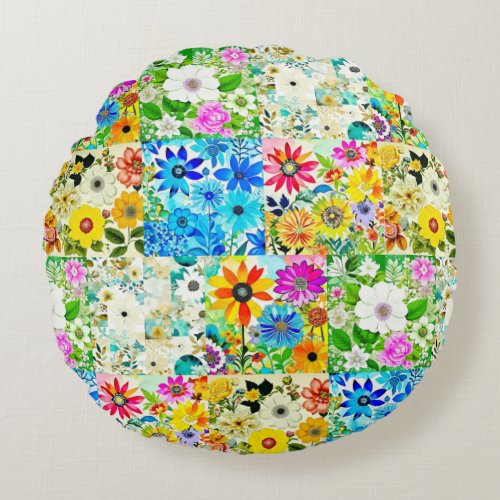 Floral Patchwork Art Watercolor Flowers Round Pillow