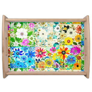 Floral Patchwork Art Watercolor Flowers Serving Tray