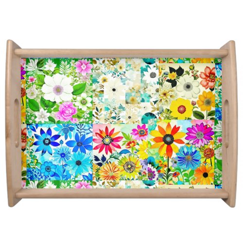 Floral Patchwork Art Watercolor Flowers Serving Tray