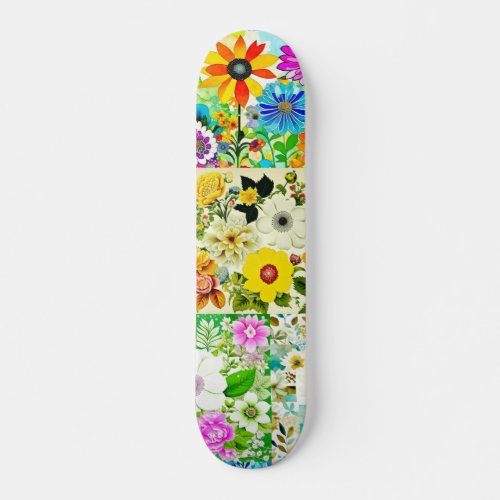 Floral Patchwork Art Watercolor Flowers Skateboard