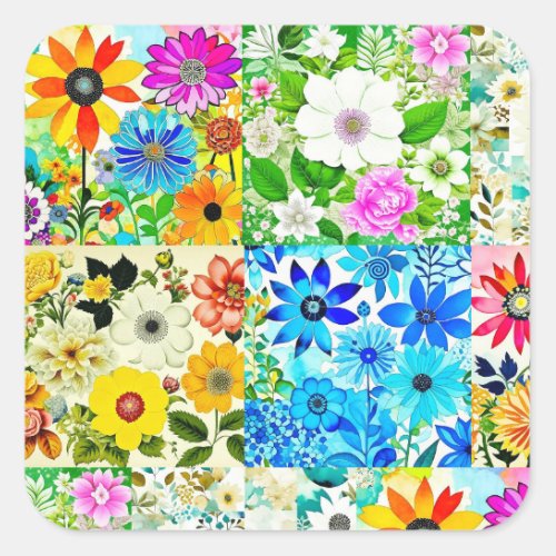 Floral Patchwork Art Watercolor Flowers Square Sticker