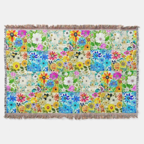 Floral Patchwork Art Watercolor Flowers Throw Blanket