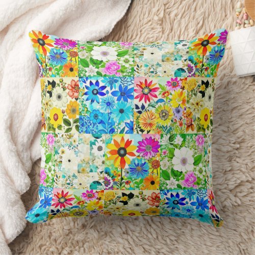 Floral Patchwork Art Watercolor Flowers Throw Pillow