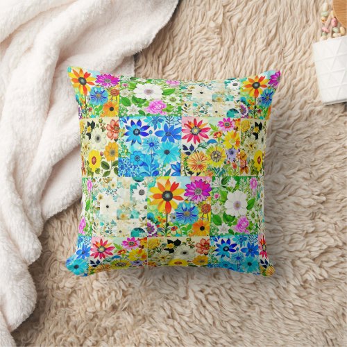 Floral Patchwork Art Watercolor Flowers Throw Pillow