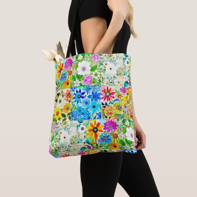 Floral Patchwork Art Watercolor Flowers Tote Bag (Close Up)