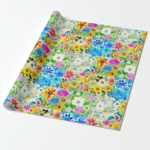 Floral Patchwork Art Watercolor Flowers Wrapping Paper