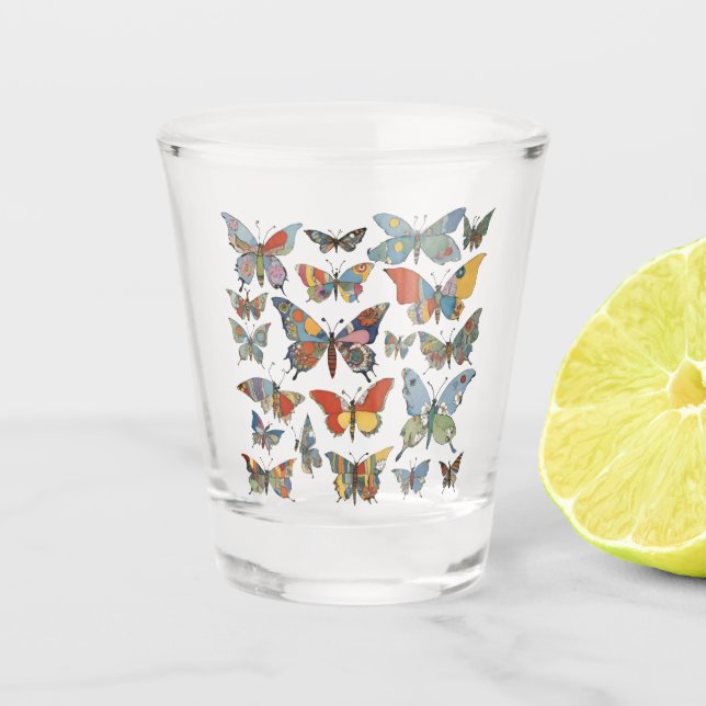 Floral Patchwork Butterflies Shot Glass (Front)