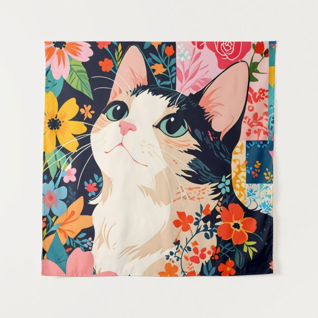 Floral Patchwork Cat Tapestry (Front)