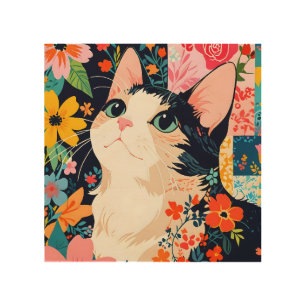 Floral Patchwork Cat Wood Wall Art