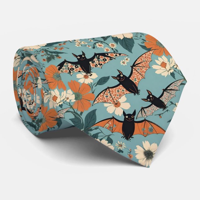 Floral Patchwork Halloween Bats & Flowers Neck Tie (Rolled)