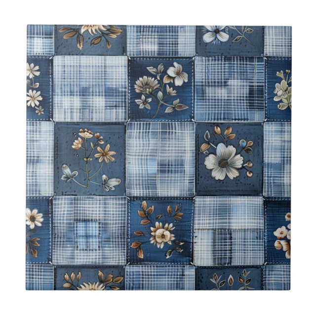 Floral Patchwork Pattern | Boho Denim Ceramic Tile (Front)
