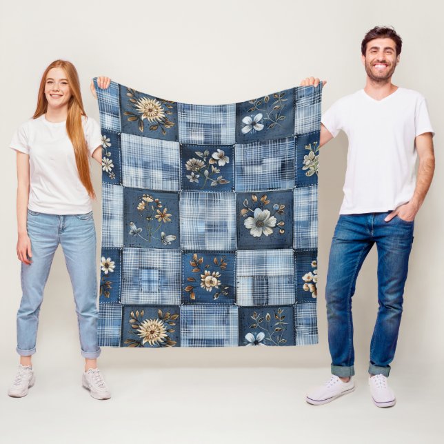 Floral Patchwork Pattern | Boho Denim Fleece Blanket (In Situ)