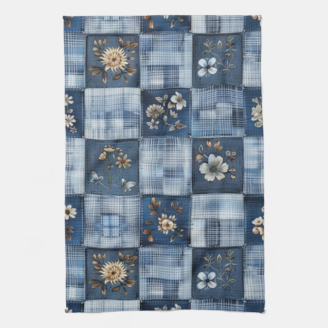Floral Patchwork Pattern | Boho Denim Kitchen Towel (Vertical)