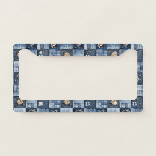 Floral Patchwork Pattern | Boho Denim License Plate Frame (Front)